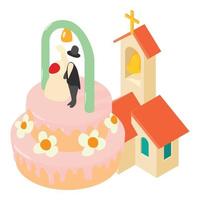 vecteur isométrique d'icône de concept de mariage. bâtiment d'église de gâteau de mariage avec beffroi