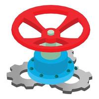 vecteur isométrique d'icône d'équipement industriel. valve ronde rouge et icône de roue dentée