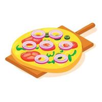 vecteur isométrique d'icône de pizza végétarienne. Pizza fraîche aux légumes sur planche de bois