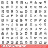 Ensemble de 100 icônes de document, style de contour vecteur