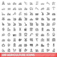 Ensemble de 100 icônes agricoles, style de contour vecteur