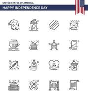 joyeux jour de l'indépendance usa pack de 16 lignes créatives de tasse de frites independece food states modifiables usa day vector design elements