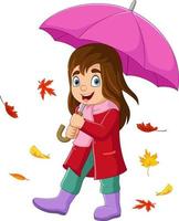 dessin animé petite fille avec parapluie et feuilles d'automne vecteur