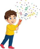 dessin animé petit garçon jouant au popper de confettis vecteur