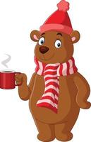 ours de dessin animé portant une écharpe et un chapeau tenant un café chaud vecteur
