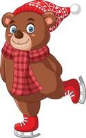 dessin animé mignon ours portant une écharpe et un chapeau rouge sur le patin à glace vecteur