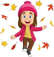 dessin animé petite fille avec des feuilles d'automne vecteur