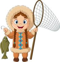 fille esquimau de dessin animé attrapant un poisson avec un filet vecteur