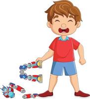 dessin animé petit garçon qui pleure parce que le jouet robot est cassé vecteur