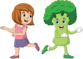 dessin animé petite fille avec personnage de mascotte de brocoli vecteur