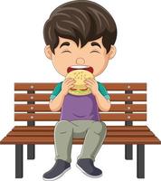 dessin animé petit garçon mangeant un hamburger sur un banc vecteur