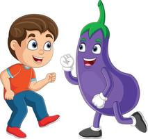 dessin animé petit garçon dansant avec le personnage de mascotte d'aubergine vecteur