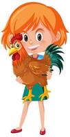 fille tenant un personnage de dessin animé mignon coq ou poulet vecteur