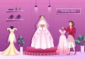 boutique de mariage avec bijoux, belles robes de mariée et accessoires adaptés à l'affiche en illustration de modèle dessiné à la main dessin animé plat vecteur
