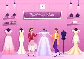 boutique de mariage avec bijoux, belles robes de mariée et accessoires adaptés à l'affiche en illustration de modèle dessiné à la main dessin animé plat vecteur