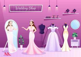 boutique de mariage avec bijoux, belles robes de mariée et accessoires adaptés à l'affiche en illustration de modèle dessiné à la main dessin animé plat vecteur