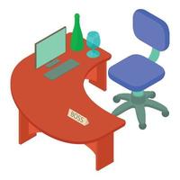 vecteur isométrique d'icône de lieu de travail de patron. table en bois avec icône de chaise molle pour ordinateur portable