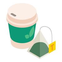 vecteur isométrique d'icône de thé vert. gobelet jetable et sachet de thé vert transparent