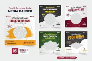 vecteur de publication de médias sociaux de nourriture et de boissons pour le marketing numérique. ensemble de modèles promotionnels de restaurant avec effets de pinceau. collection de bannières web de publicité alimentaire avec des couleurs sombres.