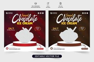 conception spéciale de bannière web de publicité de crème glacée au chocolat pour le marketing. dessert et bonbons vecteur d'affiche de médias sociaux avec des couleurs sombres et jaunes. modèle de promotion de crème glacée pour le marketing numérique