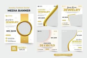 vecteur de bundle de publication de médias sociaux d'ornement spécial avec des couleurs dorées et sombres. collection de modèles promotionnels d'entreprise de bijoux pour le marketing. ensemble d'affiches de vente d'ornement de diamant avec espace réservé pour photo.