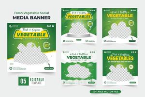 conception de jeu de publication de médias sociaux d'aliments sains avec des couleurs vertes et jaunes. ensemble de modèles de réduction de vente de légumes biologiques pour le marketing. collection d'affiches publicitaires de légumes frais. vecteur