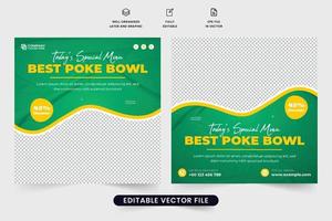 modèle de publication de médias sociaux de menu alimentaire spécial avec des couleurs vertes et jaunes. conception d'affiche de publicité d'entreprise de restaurant avec offre de réduction. vecteur de bannière web de promotion des aliments culinaires pour le marketing.