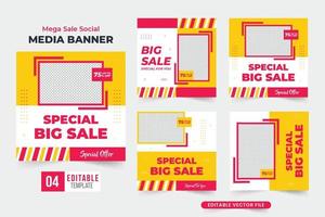 collection de publications sur les médias sociaux à grande vente avec des couleurs rouges et jaunes. vecteur de bundle de bannière web promotionnelle méga vente pour le marketing. conception de décor d'affiche publicitaire de magasin de mode pour les entreprises.