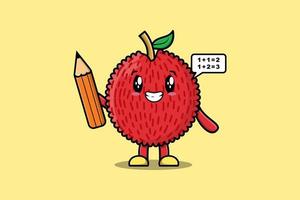 Étudiant intelligent de dessin animé mignon de litchi avec un crayon vecteur