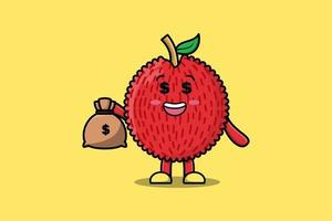 litchi riche fou de dessin animé mignon avec sac d'argent vecteur