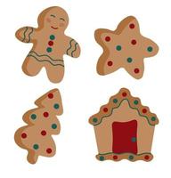 ensemble de biscuits de pain d'épice de Noël. bonhomme en pain d'épice, maison, étoile, arbre de Noël. icônes de pain d'épice de noël.