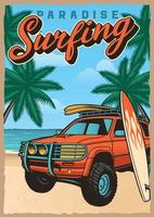 affiche de surf vintage avec voiture suv vecteur