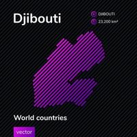 carte plate à rayures vectorielles de djibouti en couleurs violettes sur fond noir rayé. bannière éducative vecteur