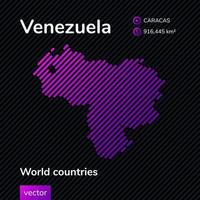 carte plate au néon numérique créative vectorielle du venezuela avec texture rayée violette, violette, rose sur fond noir. bannière éducative, affiche sur le venezuela vecteur