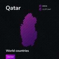 carte du qatar. carte de néon numérique créative de vecteur avec texture rayée violet, violet, rose sur fond noir. bannière éducative, affiche sur le qatar