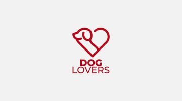 création de logo d'amour de chien minimal simple. tête de chien avec vecteur d'amour