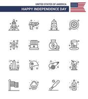 ensemble de 16 icônes de la journée des états-unis symboles américains signes de la fête de l'indépendance pour la police signe arme étoiles hommes éléments de conception vectoriels de la journée des états-unis modifiables vecteur