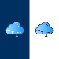 cloud computing lien données icônes plat et ligne remplie icône ensemble vecteur fond bleu