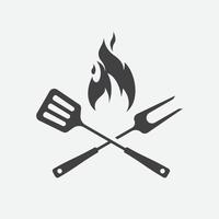 barbecue avec icône de flamme, signe de grill icône de viande et de nourriture, symbole d'icône de barbecue de fourchette et de spatule, signe d'illustration vectorielle d'icône de barbecue vecteur