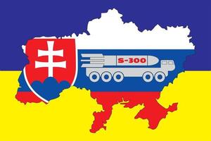 le contour de la carte de l'ukraine est peint aux couleurs du drapeau de la slovaquie sur le drapeau de l'ukraine et l'installation de s-300. illustration vectorielle vecteur