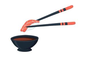 garder les sushis avec des baguettes et les tremper dans la sauce soja. illustration vectorielle vecteur