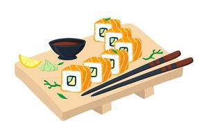 ensemble de sushis au saumon sur une assiette en bois. illustration vectorielle vecteur