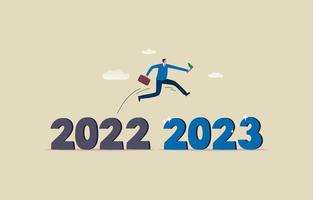 Concept de bonne année 2023. homme d'affaires sautant de l'année 2022 à la nouvelle année 2023. succès commercial. illustration vecteur