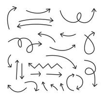 flèches dessinées à la main et croquis collection de flèches incurvées de style doodle illustration vectorielle plane. vecteur