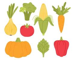 ensemble de vecteurs de légumes plats. collection de légumes brocoli, maïs, poivron, oignon, citrouille, carotte. style dessiné à la main isolé sur fond blanc. illustration vectorielle.