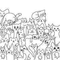 beaucoup de chats mignons. fond de chats. coloration. illustration vectorielle. ensemble de vecteurs de doodle de chats mignons et drôles. collection de dessins de personnages de chat ou de chaton de dessin animé avec une couleur plate dans différentes poses vecteur