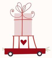 auto avec boîte-cadeau rose, ruban rouge et coeur sur un toit. surprise romantique. voiture chargée de cadeaux sur le toit. cadeaux de la saint valentin. vecteur