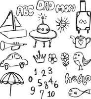 bateau à voile, vaisseau spatial extraterrestre ufo, oiseau, valise de voyage, fleur, couronne royale, parasol, voiture, bouilloire à café ou à thé, instrument à vent, chiffres et lettres jeu d'icônes de doodle aléatoire dessiné à la main vecteur