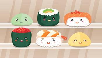 divers sushis kawaii, petits pains, nigiri. ensemble de vecteurs colorés dessinés à la main. style de dessin animé japonais. illustration à la mode. tous les éléments sont isolés vecteur