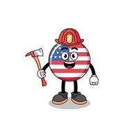 mascotte de dessin animé de pompier drapeau des états-unis vecteur